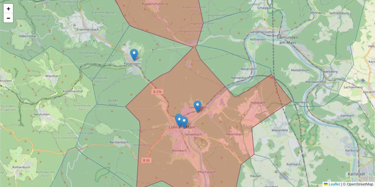 Karte des Postleitzahlen Bereichs  und der umliegenden Postleitzahlen in Deutschland
