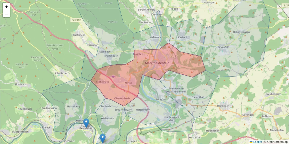 Karte des Postleitzahlen Bereichs  und der umliegenden Postleitzahlen in Deutschland
