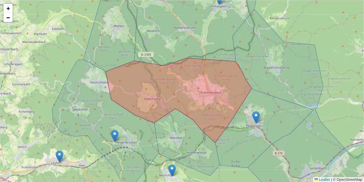 Karte des Postleitzahlen Bereichs  und der umliegenden Postleitzahlen in Deutschland