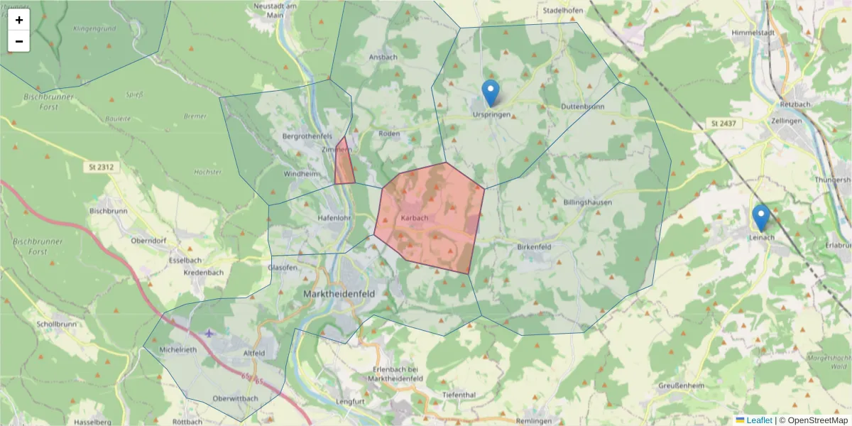 Karte des Postleitzahlen Bereichs  und der umliegenden Postleitzahlen in Deutschland