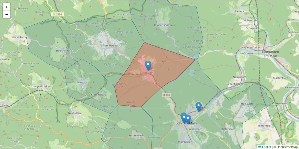 Karte des Postleitzahlen Bereichs  und der umliegenden Postleitzahlen in Deutschland