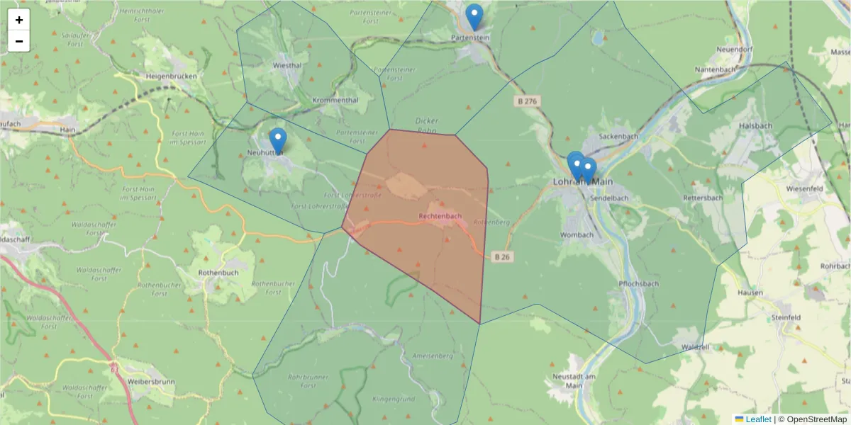 Karte des Postleitzahlen Bereichs  und der umliegenden Postleitzahlen in Deutschland