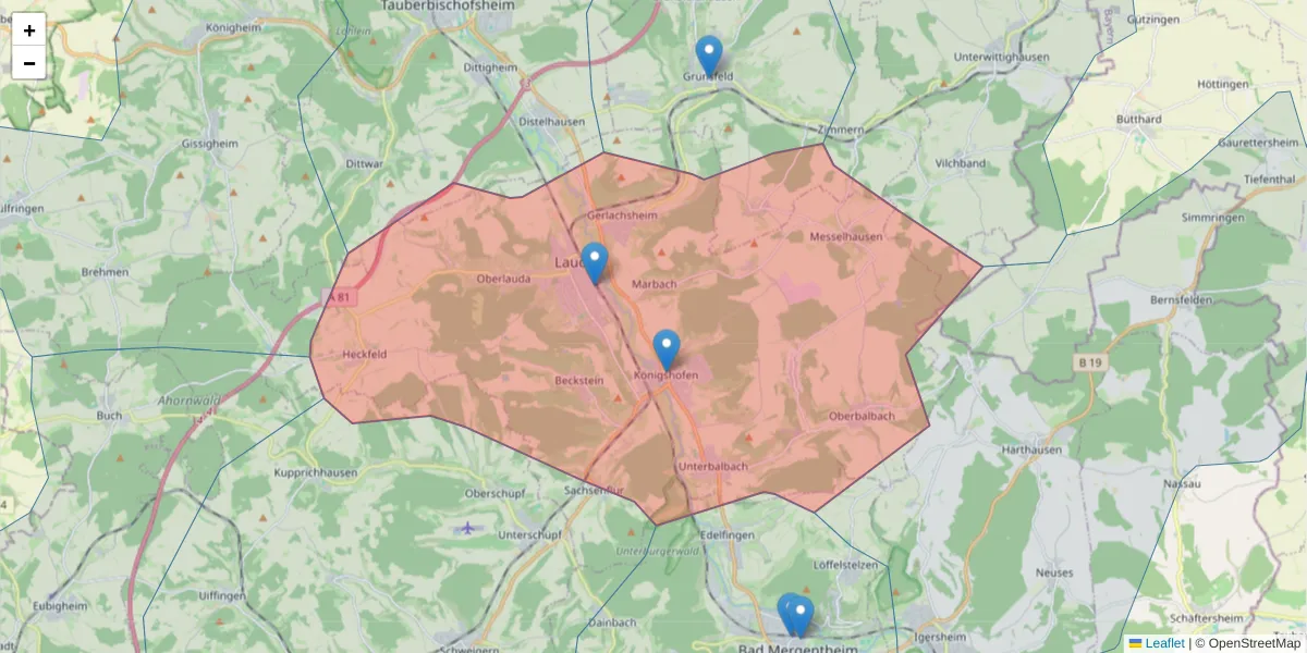 Karte des Postleitzahlen Bereichs  und der umliegenden Postleitzahlen in Deutschland