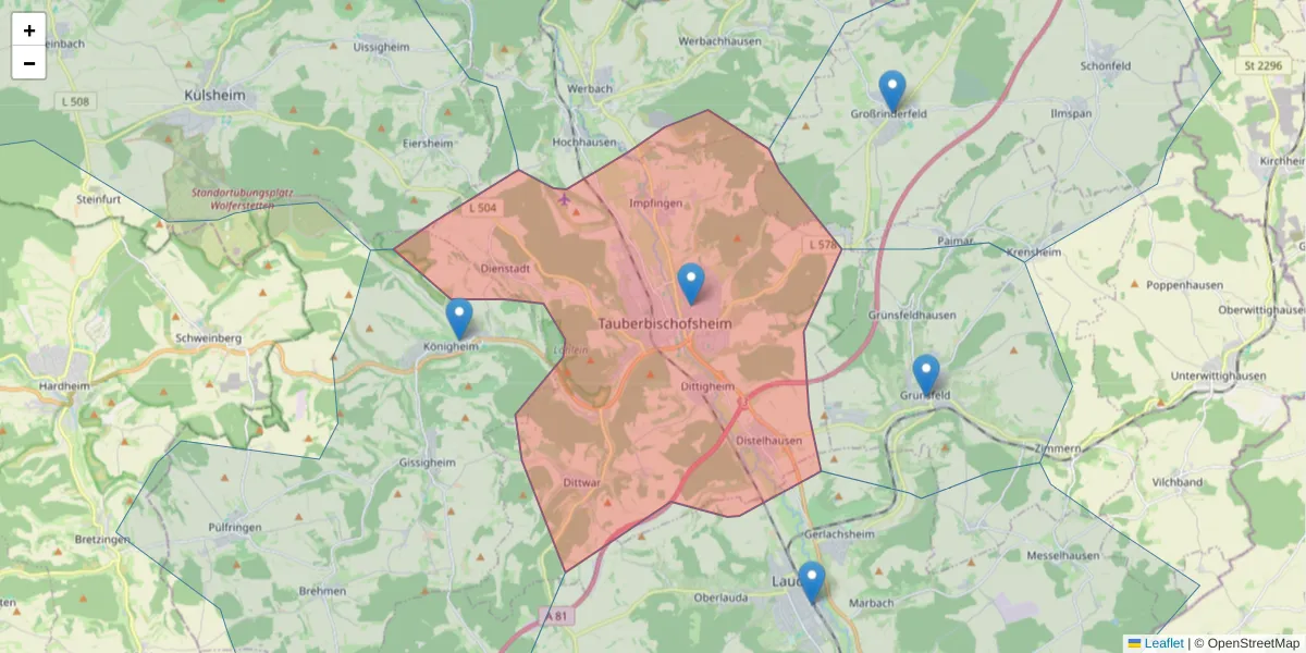 Karte des Postleitzahlen Bereichs  und der umliegenden Postleitzahlen in Deutschland