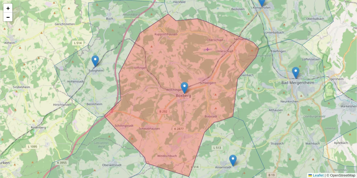 Karte des Postleitzahlen Bereichs  und der umliegenden Postleitzahlen in Deutschland