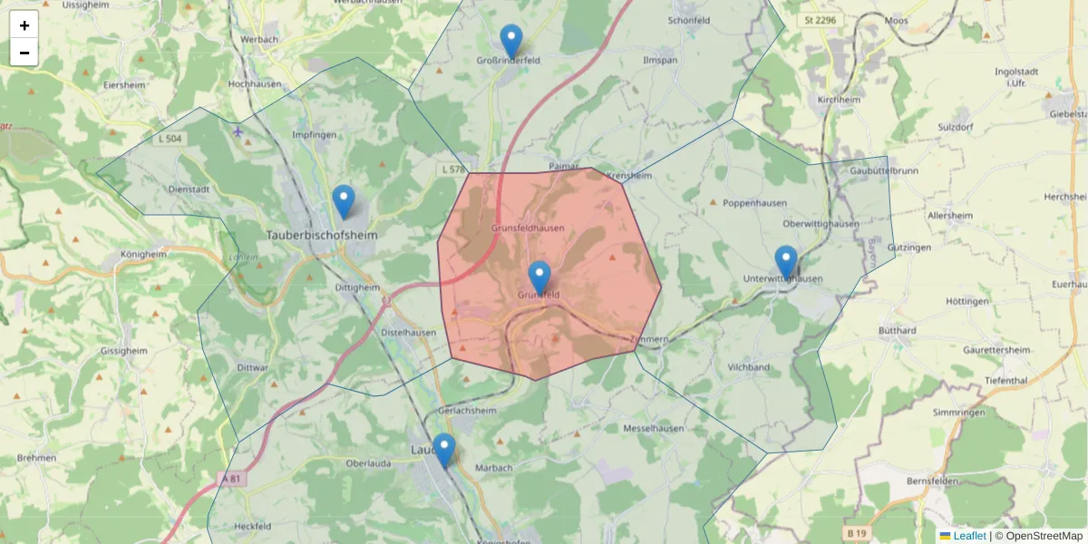 Karte des Postleitzahlen Bereichs  und der umliegenden Postleitzahlen in Deutschland