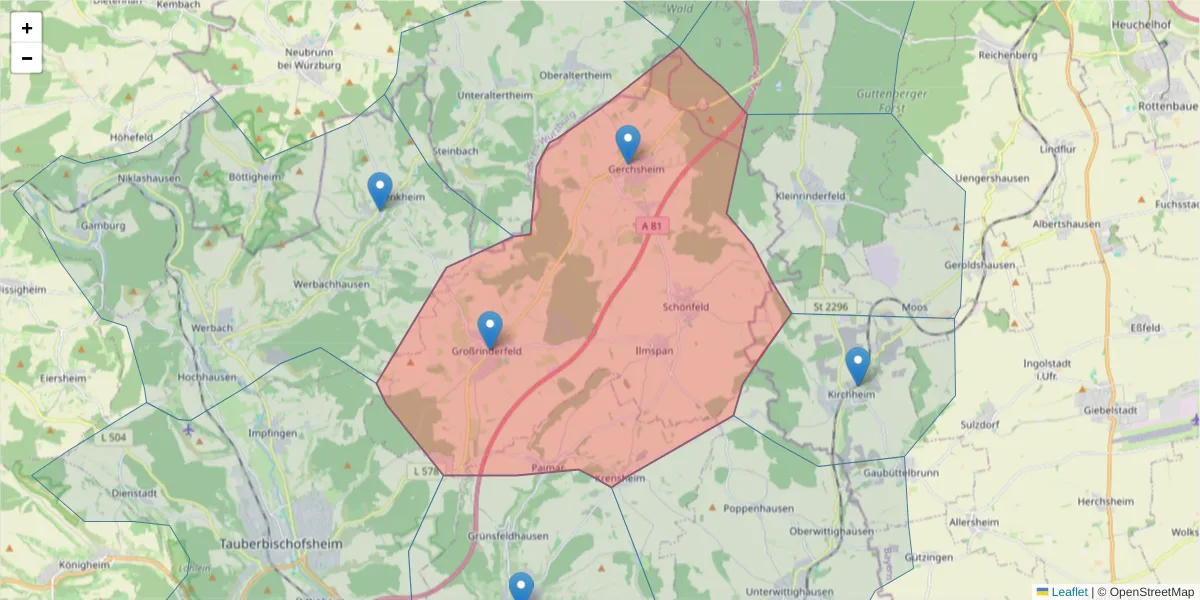 Karte des Postleitzahlen Bereichs  und der umliegenden Postleitzahlen in Deutschland