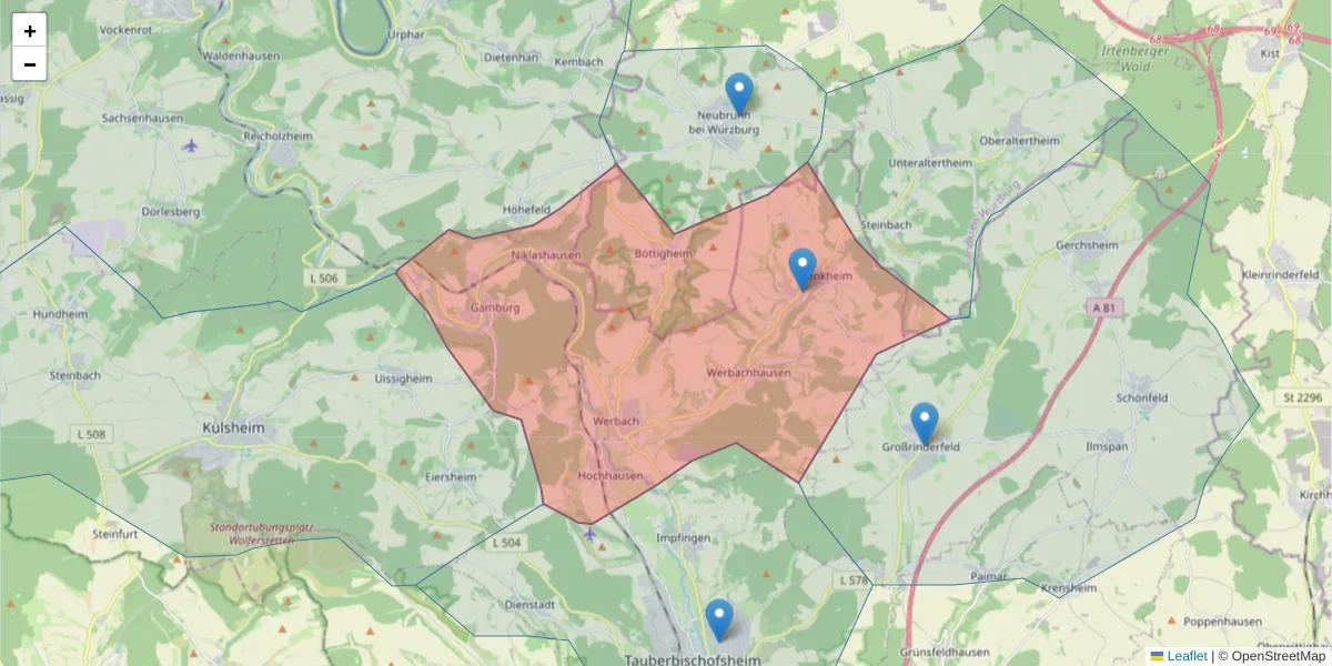 Karte des Postleitzahlen Bereichs  und der umliegenden Postleitzahlen in Deutschland