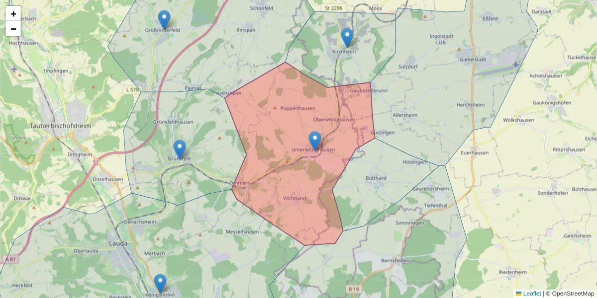 Karte des Postleitzahlen Bereichs  und der umliegenden Postleitzahlen in Deutschland