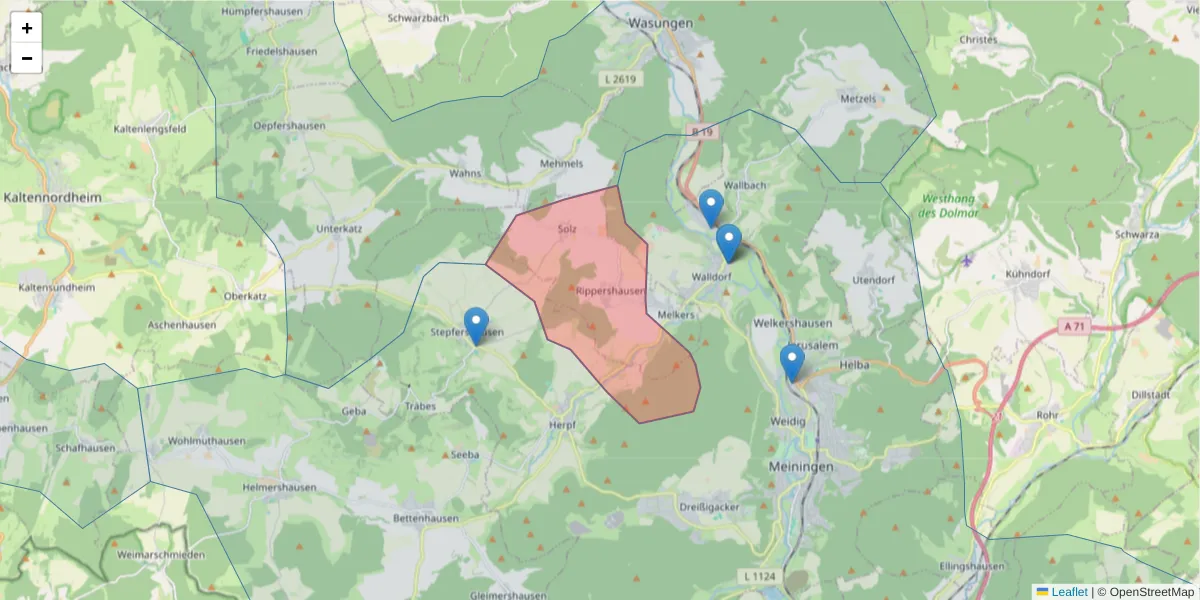 Karte des Postleitzahlen Bereichs  und der umliegenden Postleitzahlen in Deutschland