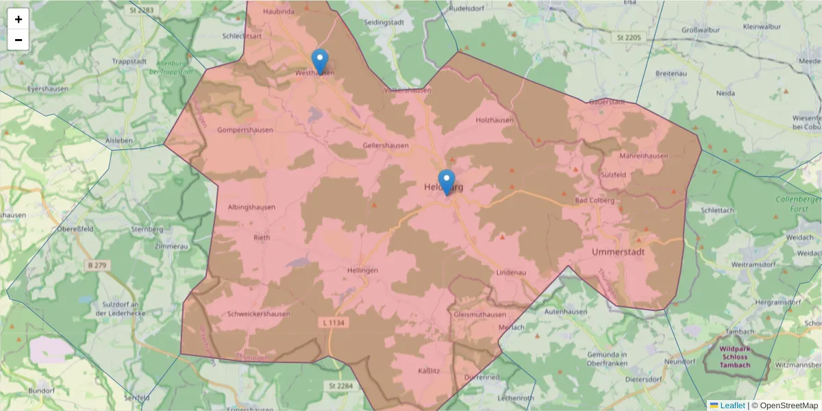 Karte des Postleitzahlen Bereichs  und der umliegenden Postleitzahlen in Deutschland