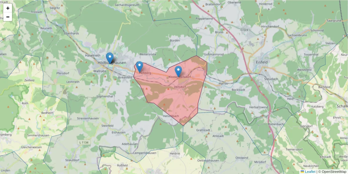 Karte des Postleitzahlen Bereichs  und der umliegenden Postleitzahlen in Deutschland