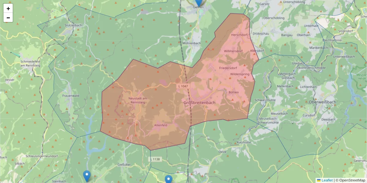 Karte des Postleitzahlen Bereichs  und der umliegenden Postleitzahlen in Deutschland