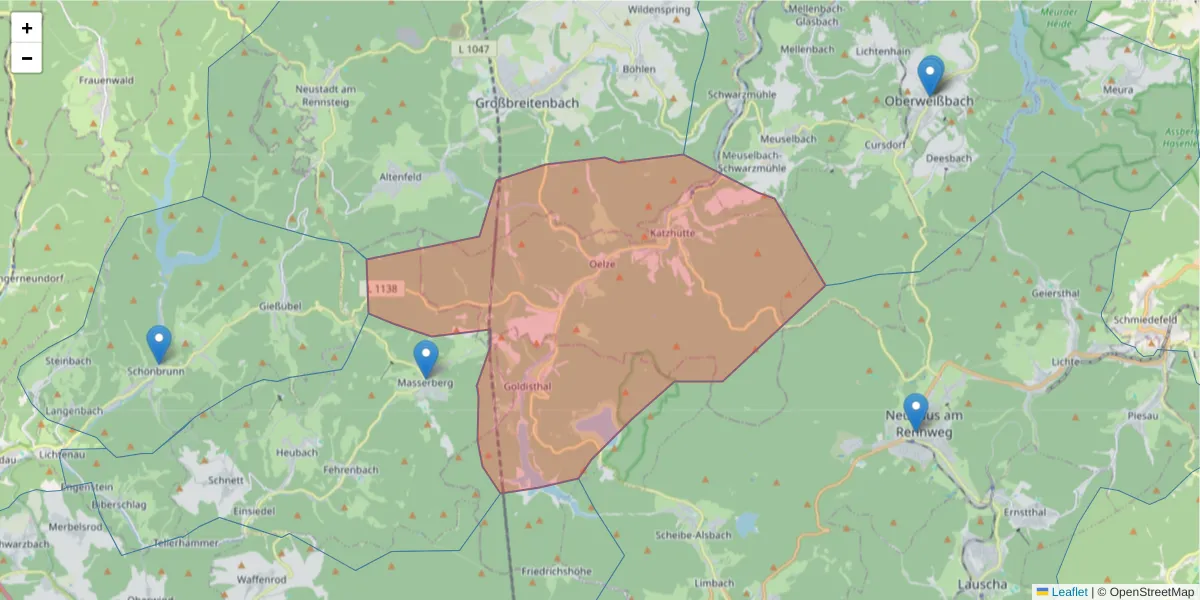 Karte des Postleitzahlen Bereichs  und der umliegenden Postleitzahlen in Deutschland