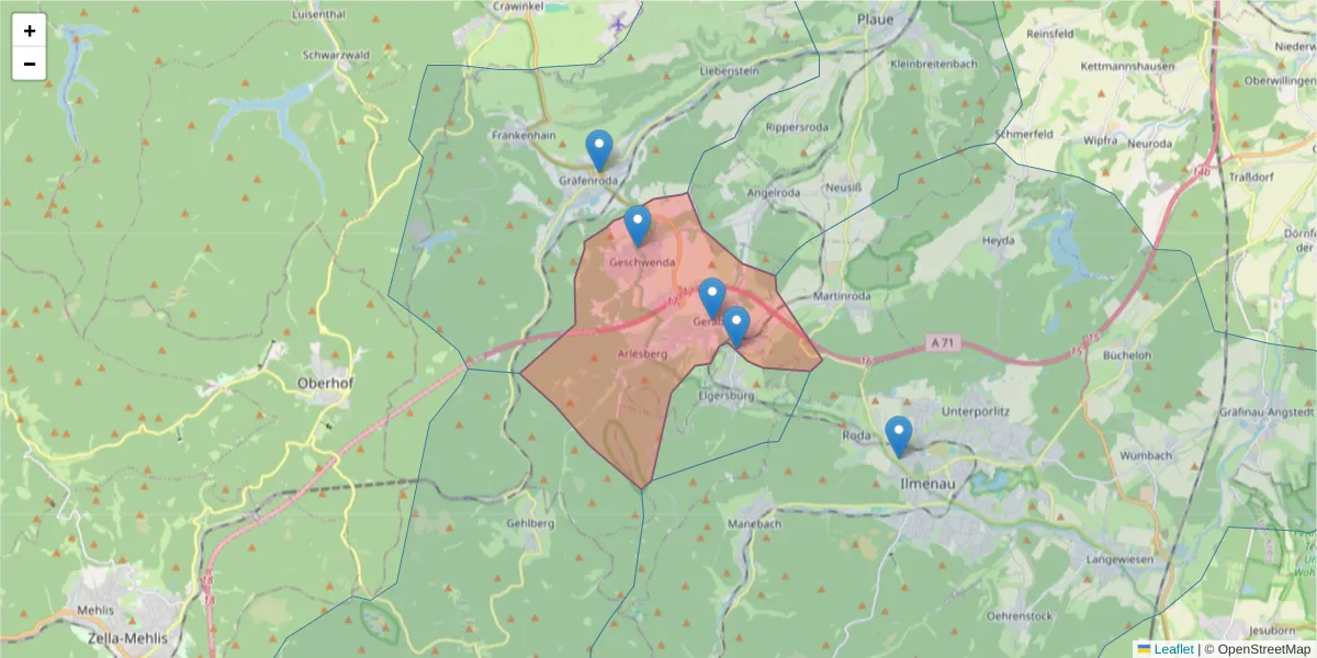 Karte des Postleitzahlen Bereichs  und der umliegenden Postleitzahlen in Deutschland