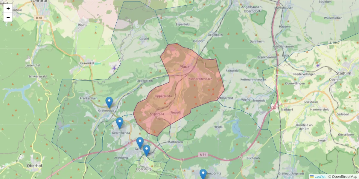 Karte des Postleitzahlen Bereichs  und der umliegenden Postleitzahlen in Deutschland