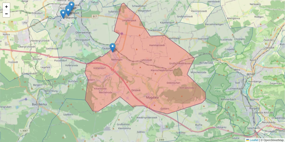 Karte des Postleitzahlen Bereichs  und der umliegenden Postleitzahlen in Deutschland