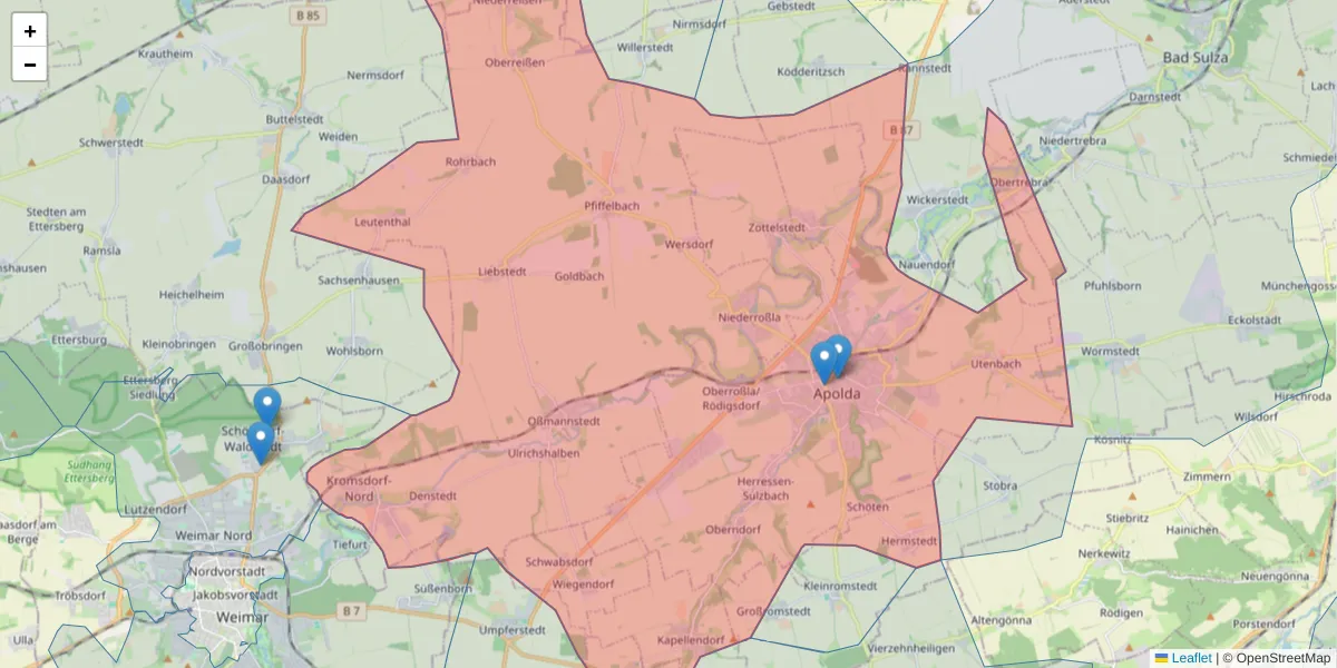 Karte des Postleitzahlen Bereichs  und der umliegenden Postleitzahlen in Deutschland