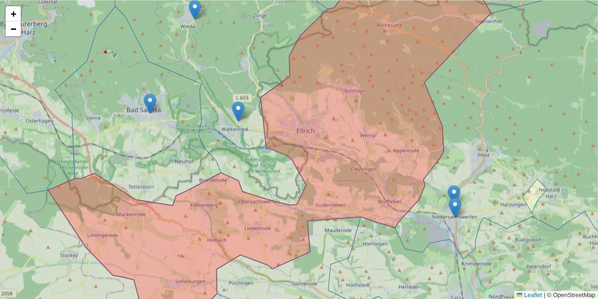Karte des Postleitzahlen Bereichs  und der umliegenden Postleitzahlen in Deutschland
