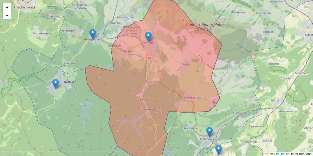 Karte des Postleitzahlen Bereichs  und der umliegenden Postleitzahlen in Deutschland