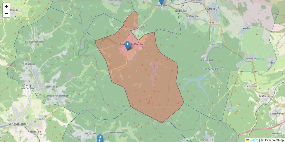 Karte des Postleitzahlen Bereichs  und der umliegenden Postleitzahlen in Deutschland