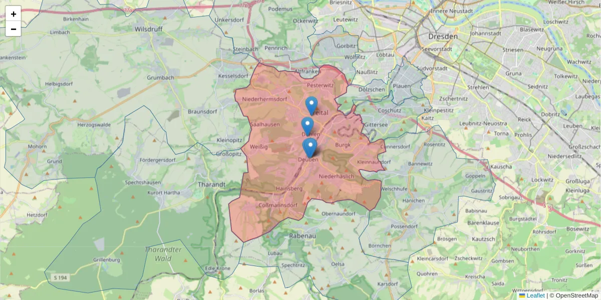 Karte des Postleitzahlen Bereichs  und der umliegenden Postleitzahlen in Deutschland