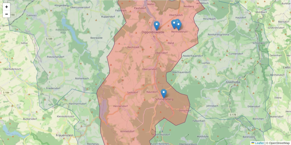 Karte des Postleitzahlen Bereichs  und der umliegenden Postleitzahlen in Deutschland