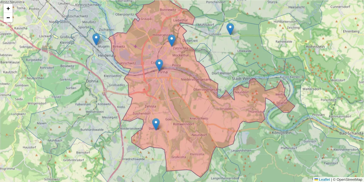 Karte des Postleitzahlen Bereichs  und der umliegenden Postleitzahlen in Deutschland