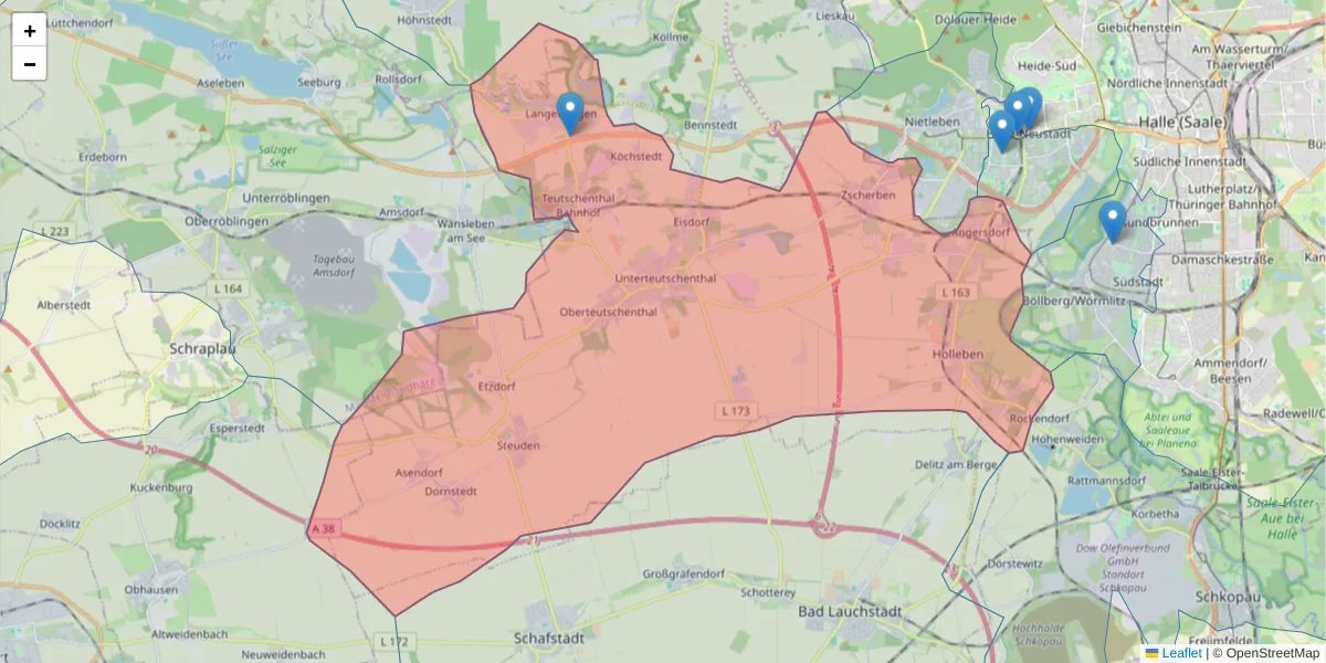 Karte des Postleitzahlen Bereichs  und der umliegenden Postleitzahlen in Deutschland