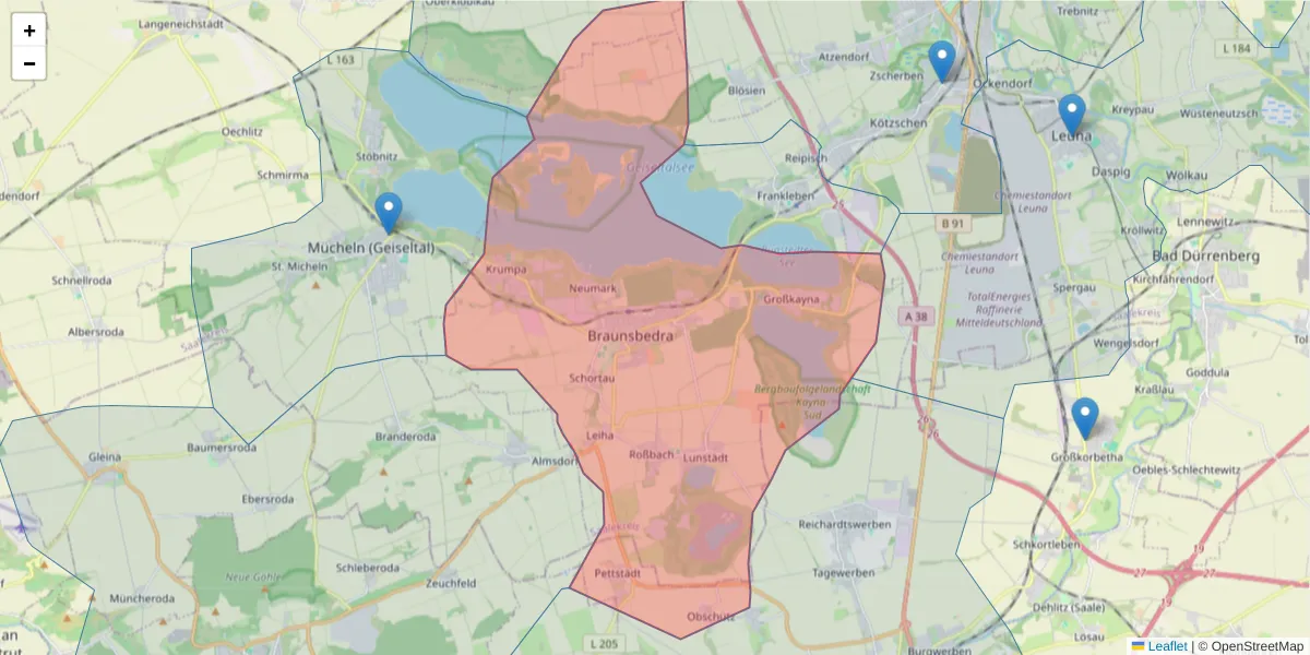 Karte des Postleitzahlen Bereichs  und der umliegenden Postleitzahlen in Deutschland