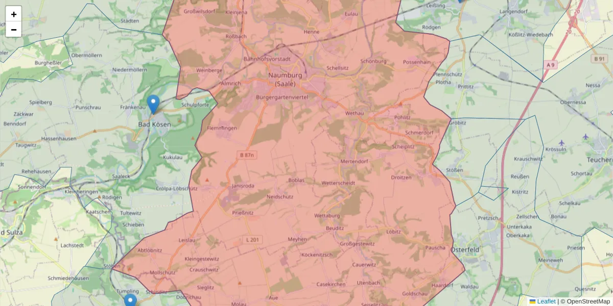 Karte des Postleitzahlen Bereichs  und der umliegenden Postleitzahlen in Deutschland