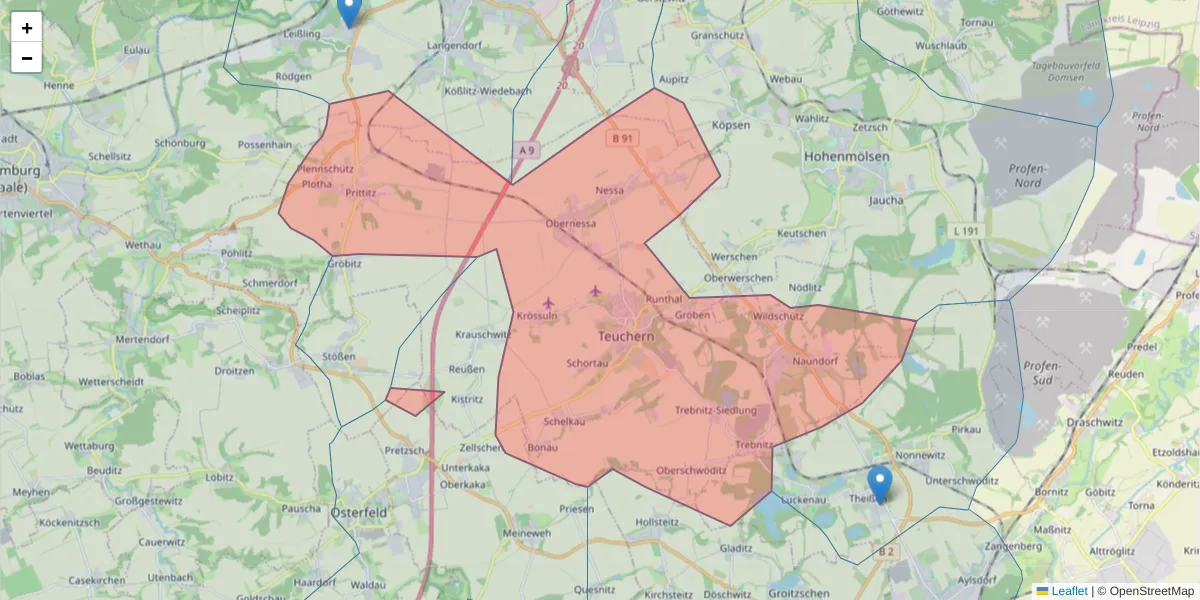 Karte des Postleitzahlen Bereichs  und der umliegenden Postleitzahlen in Deutschland