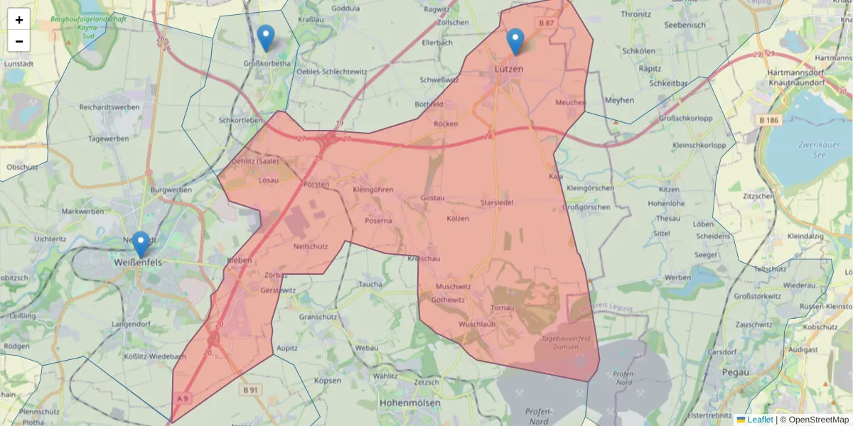 Karte des Postleitzahlen Bereichs  und der umliegenden Postleitzahlen in Deutschland