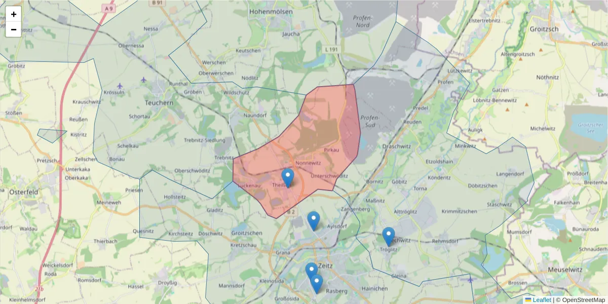 Karte des Postleitzahlen Bereichs  und der umliegenden Postleitzahlen in Deutschland