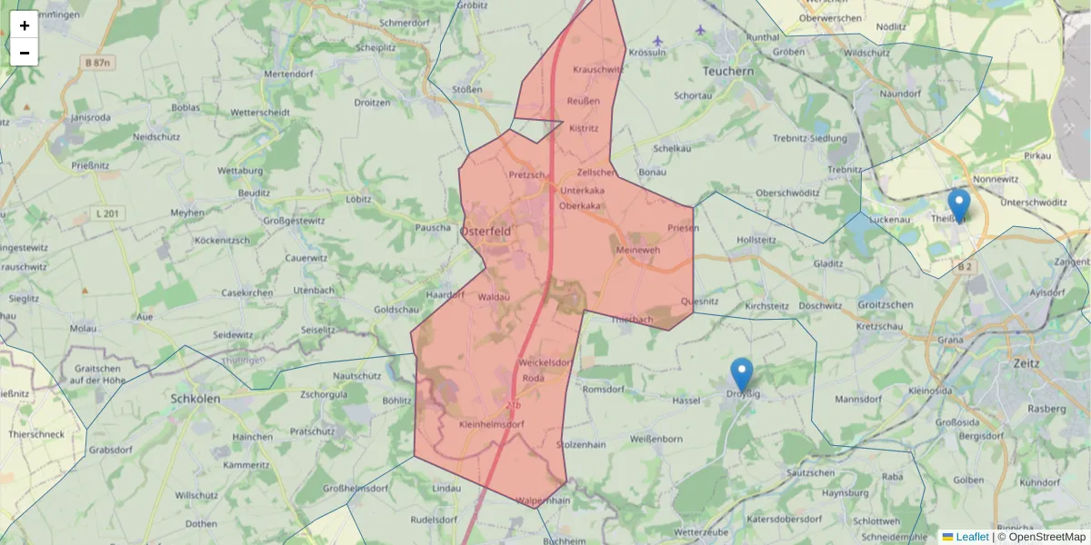 Karte des Postleitzahlen Bereichs  und der umliegenden Postleitzahlen in Deutschland