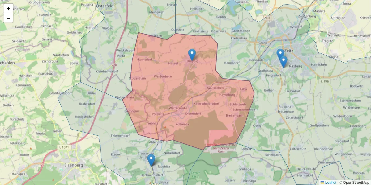 Karte des Postleitzahlen Bereichs  und der umliegenden Postleitzahlen in Deutschland
