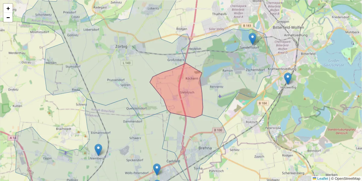 Karte des Postleitzahlen Bereichs  und der umliegenden Postleitzahlen in Deutschland