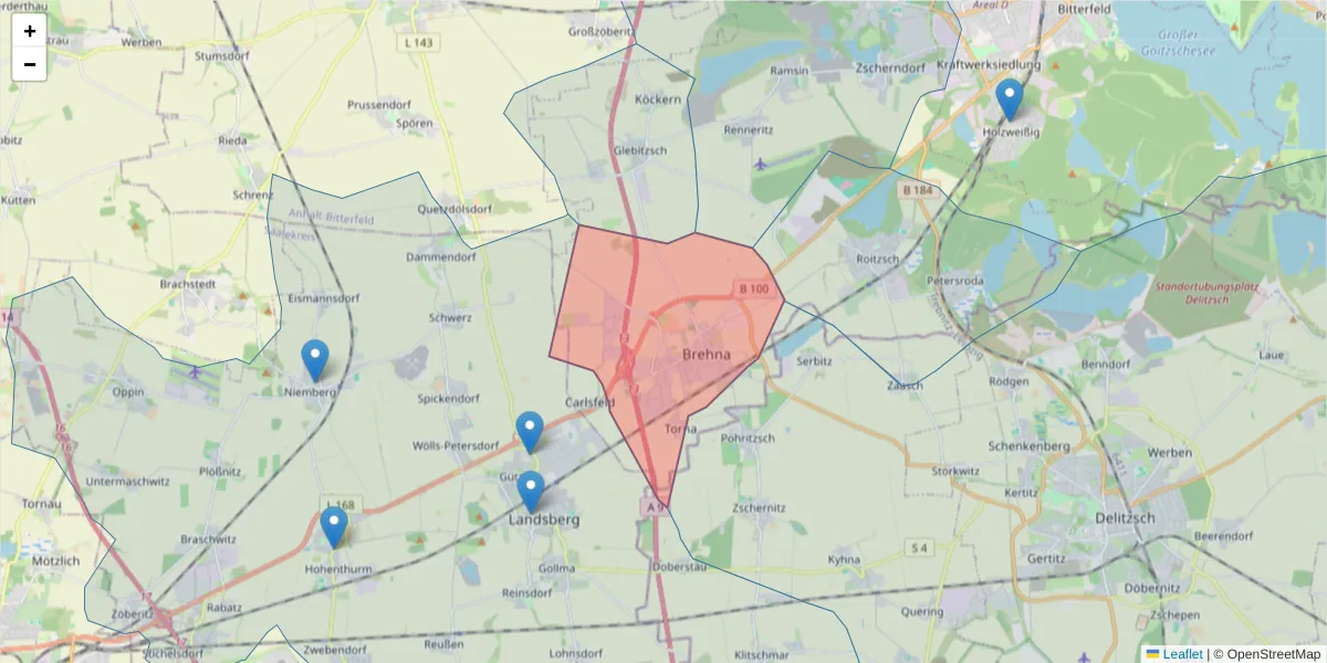 Karte des Postleitzahlen Bereichs  und der umliegenden Postleitzahlen in Deutschland