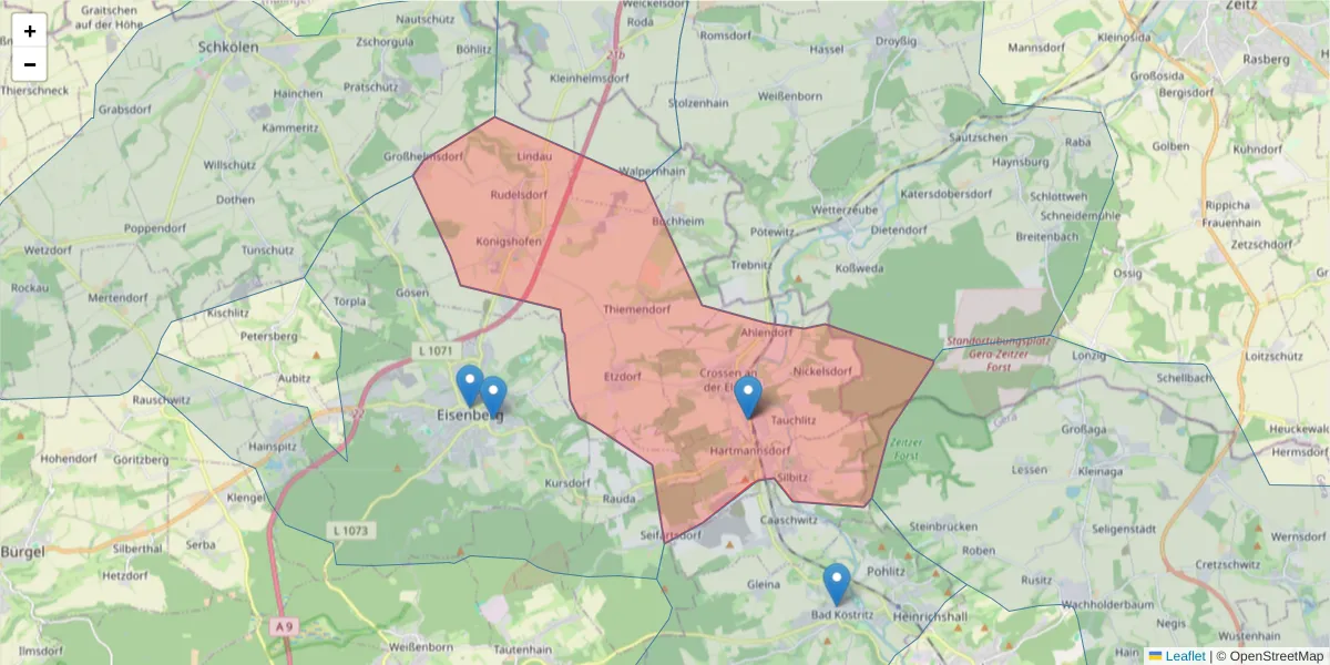 Karte des Postleitzahlen Bereichs  und der umliegenden Postleitzahlen in Deutschland