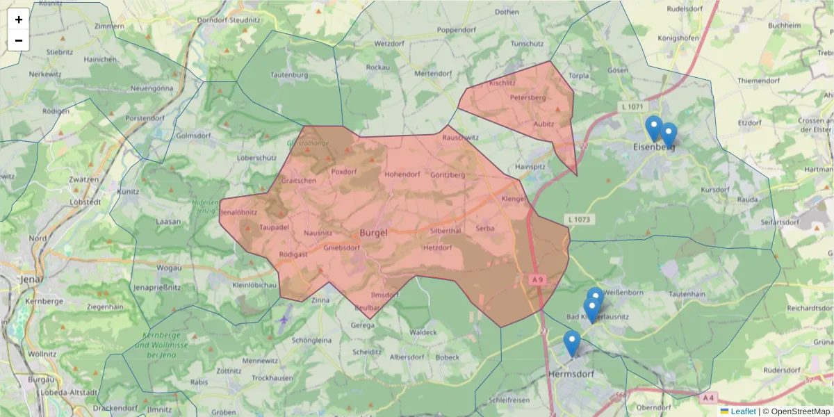 Karte des Postleitzahlen Bereichs  und der umliegenden Postleitzahlen in Deutschland
