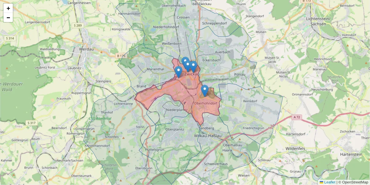 Karte des Postleitzahlen Bereichs  und der umliegenden Postleitzahlen in Deutschland