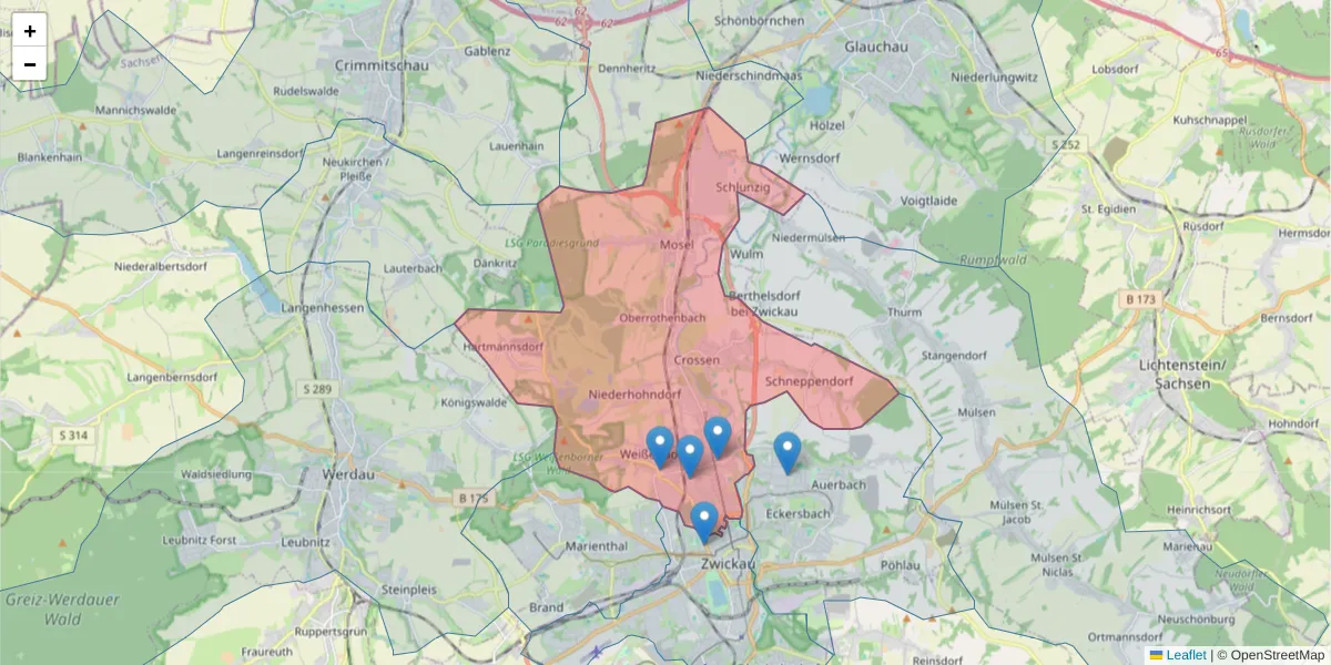 Karte des Postleitzahlen Bereichs  und der umliegenden Postleitzahlen in Deutschland