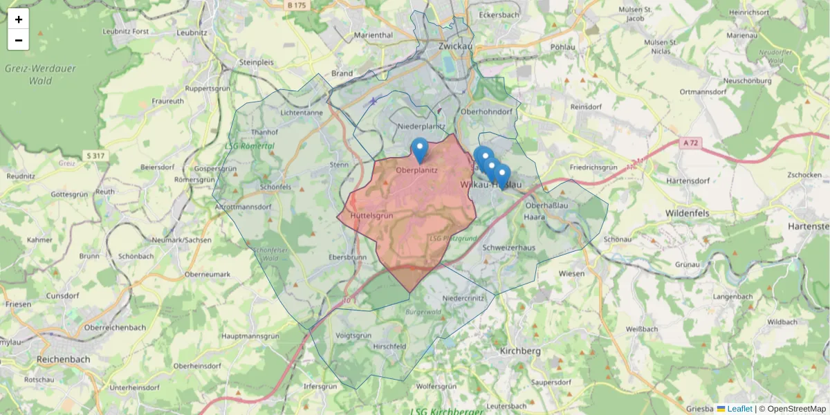 Karte des Postleitzahlen Bereichs  und der umliegenden Postleitzahlen in Deutschland