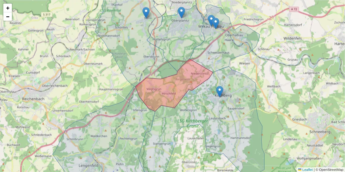 Karte des Postleitzahlen Bereichs  und der umliegenden Postleitzahlen in Deutschland