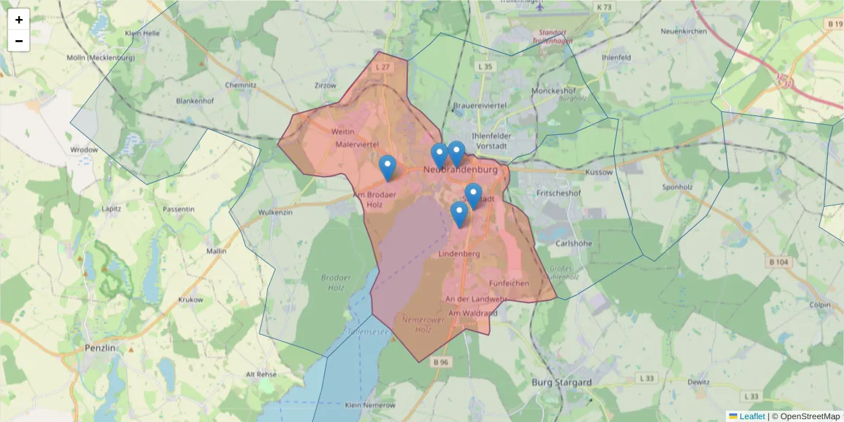 Karte des Postleitzahlen Bereichs  und der umliegenden Postleitzahlen in Deutschland