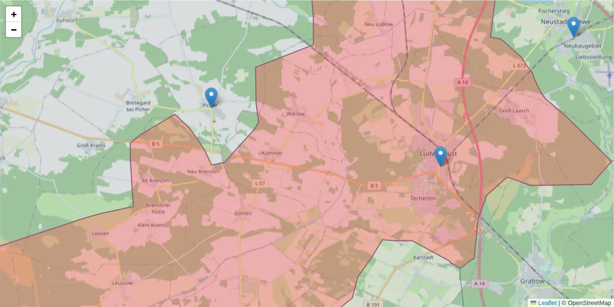 Karte des Postleitzahlen Bereichs  und der umliegenden Postleitzahlen in Deutschland