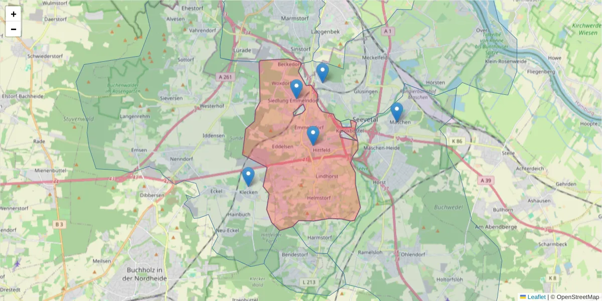 Karte des Postleitzahlen Bereichs  und der umliegenden Postleitzahlen in Deutschland