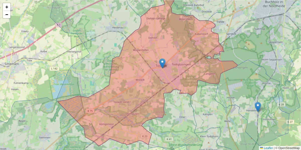Karte des Postleitzahlen Bereichs  und der umliegenden Postleitzahlen in Deutschland