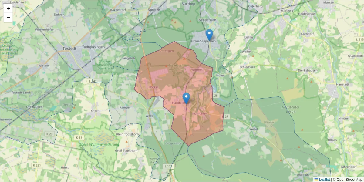 Karte des Postleitzahlen Bereichs  und der umliegenden Postleitzahlen in Deutschland
