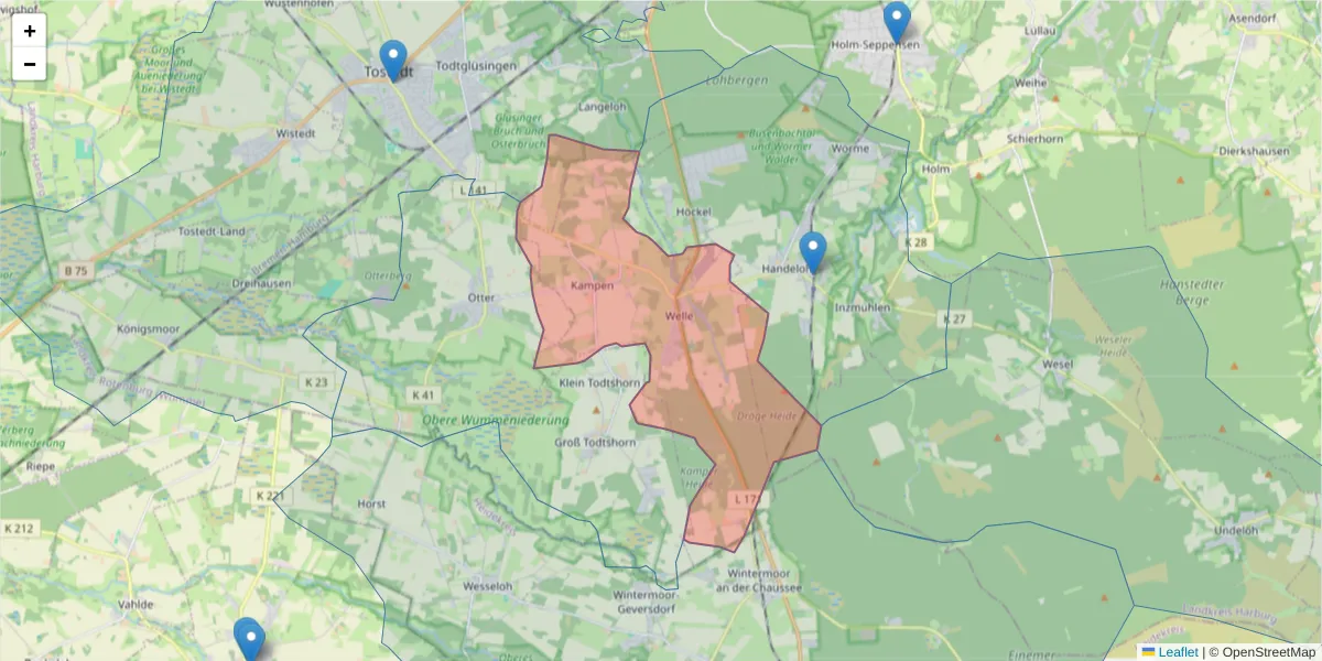 Karte des Postleitzahlen Bereichs  und der umliegenden Postleitzahlen in Deutschland